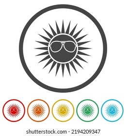 Sun Wearing Sunglasses Icon. Set Icons In Color Circle Buttons