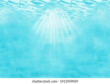 Sunbeams under the rippled ocean water surface. Hand paunted watercolor background