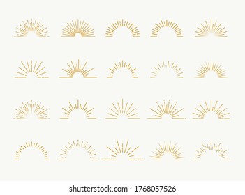 Sunburst set gold style isolated on white background for logo, tag, stamp, t shirt, banner, emblem.