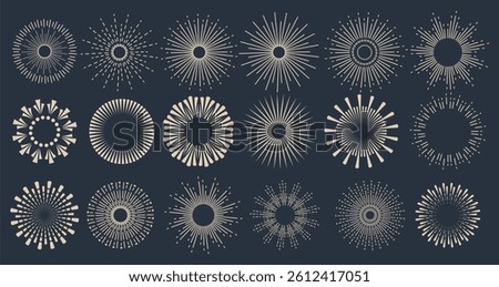 Sunbursts firework explosion, bursting or light rays, linear drawing and borders collection. trendy hand drawn retro isolated design elements