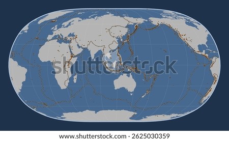 Sunda tectonic plate on the solid contour map in the Natural Earth II projection centered meridionally. Distribution of known volcanoes