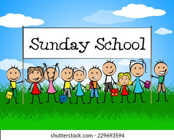 Sunday School Banner Showing Devotee Church And Kids