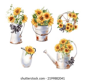 Sunflower arrangement clipart  Watercolor Farmhouse style illustration  Rusty iron watering can  pitcher  jug  bucket  wheel  Vintage french country design