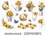 Sunflower basket, watering can, bumble bee, wooden wheel, pitcher. Watercolor Farmhouse style illustration. Vintage french country design. Rustic yellow flowers isolated white background