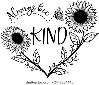 Sunflower, be kind. Outline drawing. Line vector illustration. Isolated on a white background. Good for posters, t-shirts, and postcards. - Powered by Shutterstock