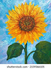 Sunflower And Blue Sky Hand Oil Painting. Close Up