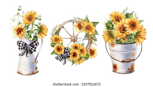 Sunflower clipart  Watercolor Farmhouse style illustration  Rusty iron watering can  pitcher  jug  bucket  wheel  Vintage french country design