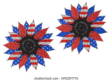 Sunflower In Color Of National American Flag. Independence Day Clip Art Pack On White 