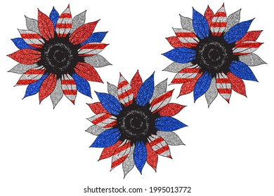 Sunflower In Color Of National American Flag. Independence Day Clip Art Pack On White Background