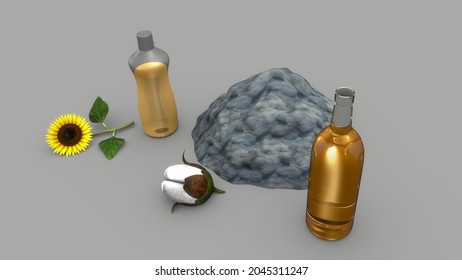 Sunflower And Cotton Seed And Oil Bottle.3d Illustration