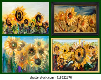 Sunflower, different perspectives big yellow flowers. Painting, pictorial art