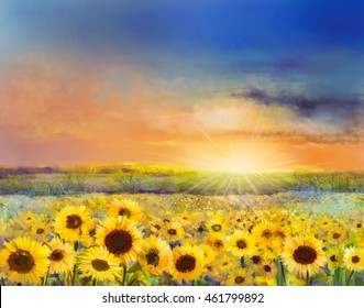 Sunflower flower blossom.Oil painting of a rural sunset landscape with a golden sunflower field. Warm light of the sunset and hill color in orange and blue color at the background. 