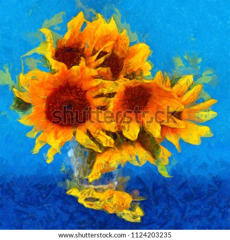 sunflower flower in small clear glass isolated on blue, digital painting. imitation of the style of Van Gogh