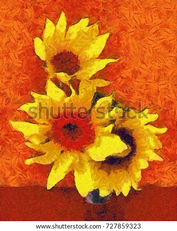 sunflower flower in small clear glass isolated on white digital painting. imitation of the style of Van Gogh