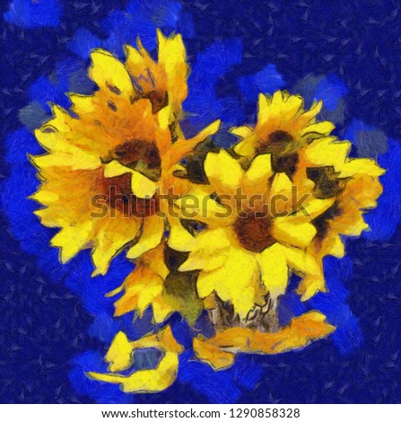 sunflower flower in small vase isolated on blue, digital painting.