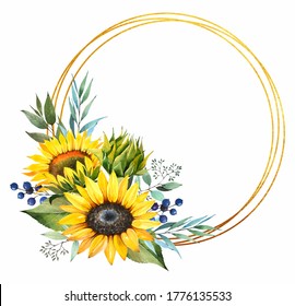 Sunflower flower. Wedding frame. Watercolor illustration. Yellow bouquet.