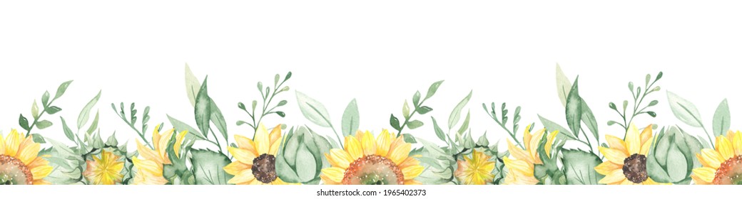 Sunflower Flowers, Bud, Leaves, Branches, Foliage. Watercolor Seamless Border