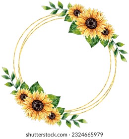 Sunflower golden frame design with watercolor hand painted yellow flowers. - Powered by Shutterstock