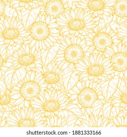 Sunflower seamless pattern. line yellow flowers texture background