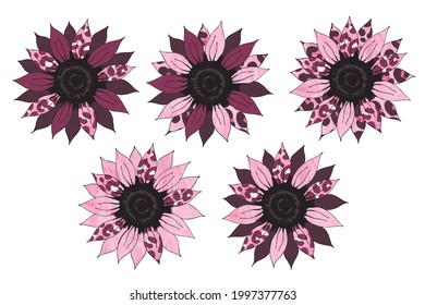 Sunflower Sublimation With Pink Leopard Prints. Safari Clip Art Pack On White