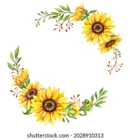 Sunflower wreath, round frame of yellow flowers, hand drawn watercolor