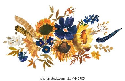 Sunflower Yellow Navy Blue Watercolor Floral Bouquet Boho Fall Arrangement