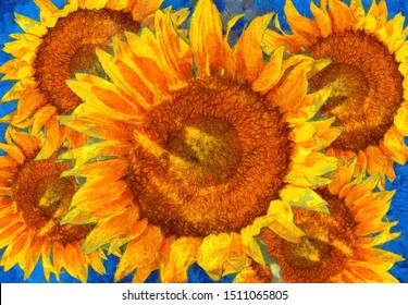 Sunflowers arrangement. Van Gogh style imitation. Digital imitation of post impressionism oil painting.