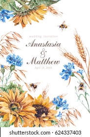Sunflowers, cornflowers, rue, oats and bumblebees summer wedding invitation. Watercolor, hand drawn. Ideal for greeting card or save the date.