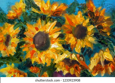 Sunflowers flowers on blue background. Original oil painting of sunflowers on canvas. Modern Impressionism.