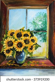 Sunflowers on the window Oil Painting