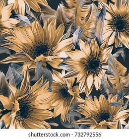 Sunflowers seamless pattern. Autumn  watercolor background. Hand painted Illustration.