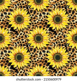 Sunflowers Seamless Pattern Leopard Background Abstract Stock ...