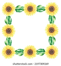 Sunflowers Square Wreath. Watercolor Illustration. Isolated On A White Background. For Design.