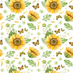 Sunflowers White Roses And Chrysanthemums - Floral Seamless Pattern. Watercolor Clipart On White Background