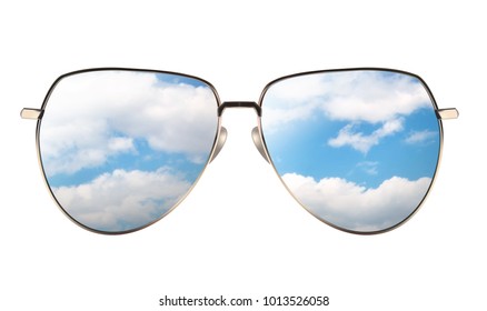 Sunglasses with reflection of cloudy sky isolated on white background. Realistic 3D illustration