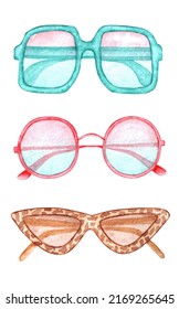 Sunglasses Watercolor Illustration. Fashion Accessory. Beach Vacation. Sun, Summer, Sunscreen. Pink, Blue, Leopard. Polaroids. Illustration Isolated. For Print And Electronic Media.