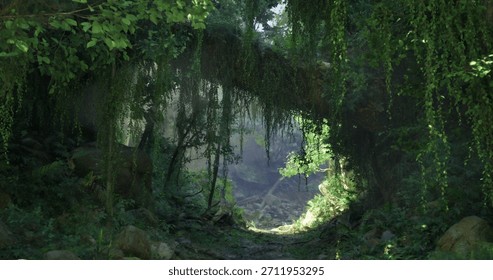 Sunlight breaks through a dense canopy of green leaves in a tranquil forest. A rocky path leads deeper into the wilderness, surrounded by vibrant foliage and soft shadows.