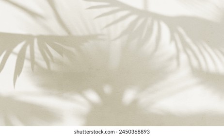 Sunlight cast leaf foliage shadow of palm tree plant on blank white tile wall for modern, luxury organic beauty, cosmetic, skincare, body care product background, exterior design decoration 3D