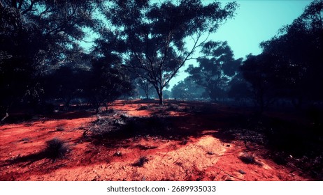 Sunlight filters through the trees, casting playful shadows on the rich red soil of a rugged Australian bush. Eucalyptus and shrubs create a breathtaking backdrop for adventure and exploration.