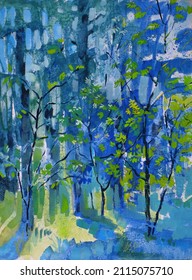 Sunlight Passes Through Pine Trees, Blue Shadows In A Transparent Forest. Tempera And Oil Painting On Canvas.