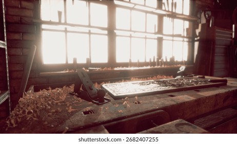 Sunlight pours through large windows, illuminating a cozy workshop. Wood shavings scatter across a workbench where creative projects await completion. The atmosphere inspires craftsmanship.