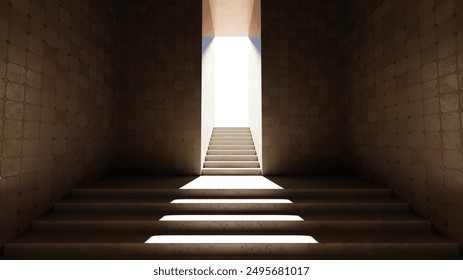 Sunlight streams down a set of stairs, creating a striking contrast in a minimalist architectural setting, emphasizing the peaceful ambiance of the interior space. 3d render