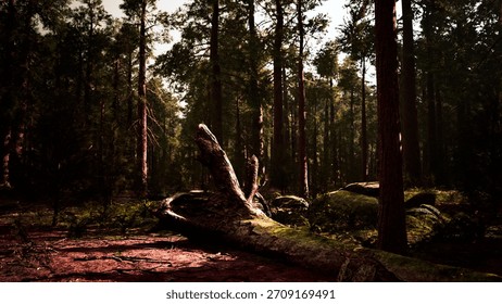 Sunlight streams down through the dense canopy of trees, illuminating a fallen log on the forest floor. Moss and stones surround it, creating a peaceful, natural scene.
