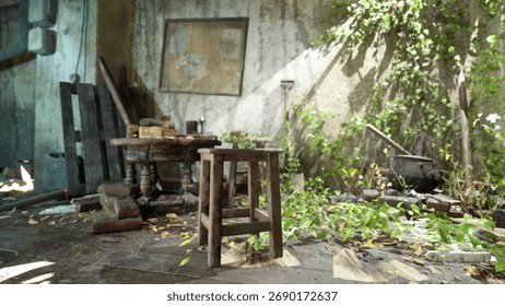 Sunlight streams through a broken window, illuminating a deserted workshop. Wild vines and leaves cover the floor, while a wooden table holds remnants of past work. Nature envelops the space.