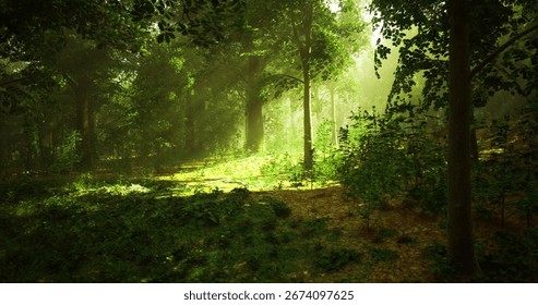 Sunlight streams through the dense canopy of trees, illuminating the forest floor covered with greenery. The serene atmosphere showcases natures beauty in the afternoon light.