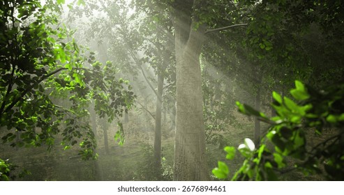 Sunlight streams through the dense canopy of a serene forest, illuminating the vibrant green leaves and creating a tranquil atmosphere in the early morning light.
