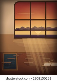 Sunlight streams through a large arched window into an empty classroom, casting warm rays across scattered desks and a chalkboard while a sunset glows over distant mountains outside.