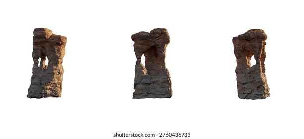 Sunlit 3d Rendering of three eroded sandstone rock formations and hoodoos with natural arches on white background.