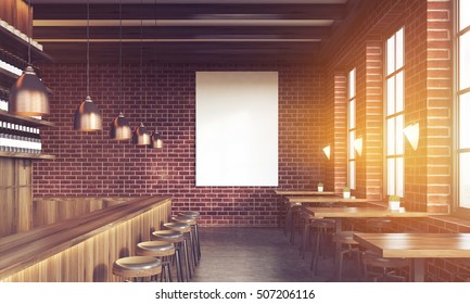 Sunlit Bar Interior With Stools, Tables And Large Vertical Poster On Brick Wall. Concept Of Pub Culture. 3d Rendering. Mock Up. Toned Image