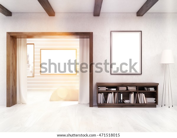 Sunlit Bedroom Seen Through Wide Doorway Stock Illustration 471518015